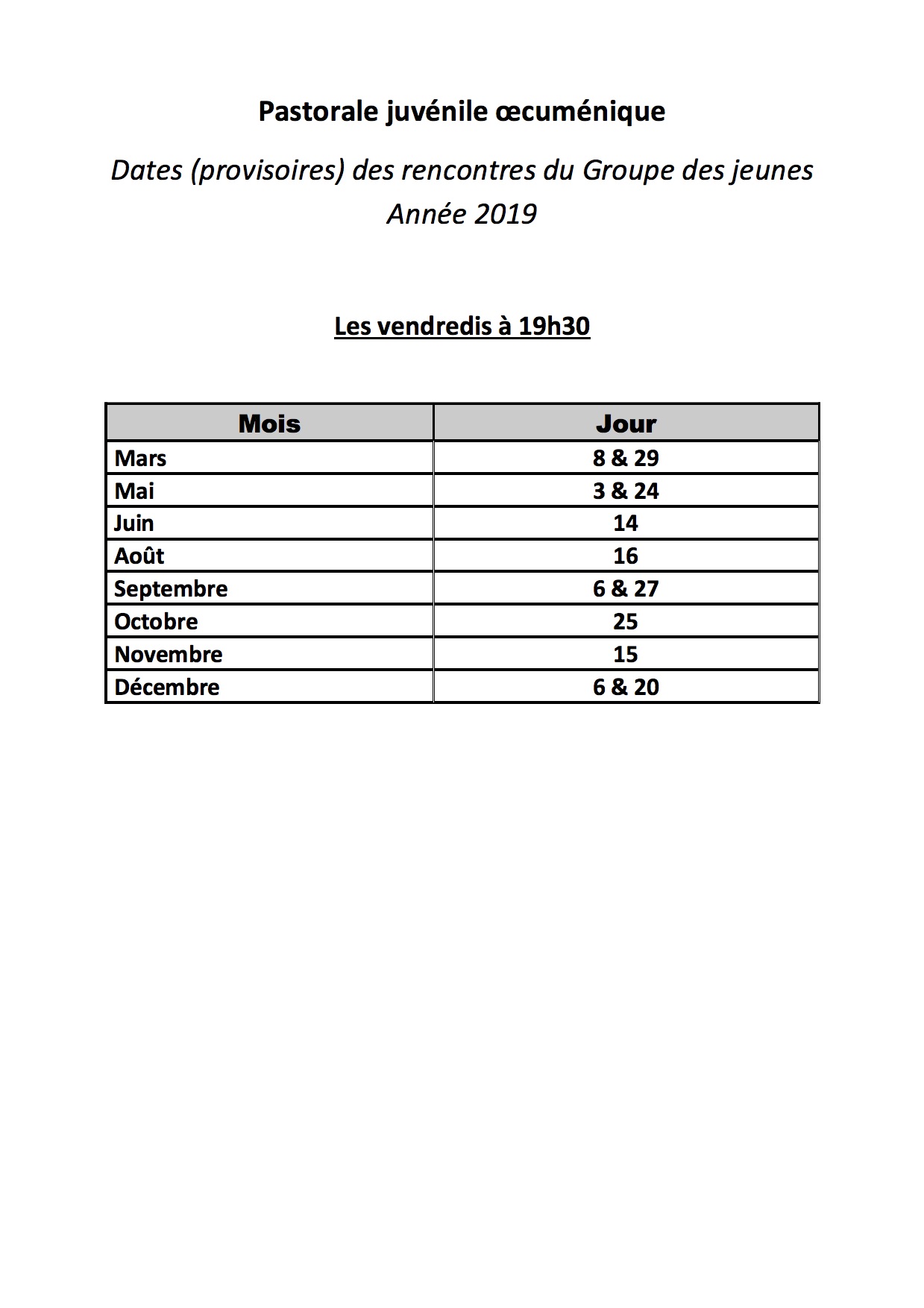 20190222Planning des rencontres du groupe oecuménique des jeunes